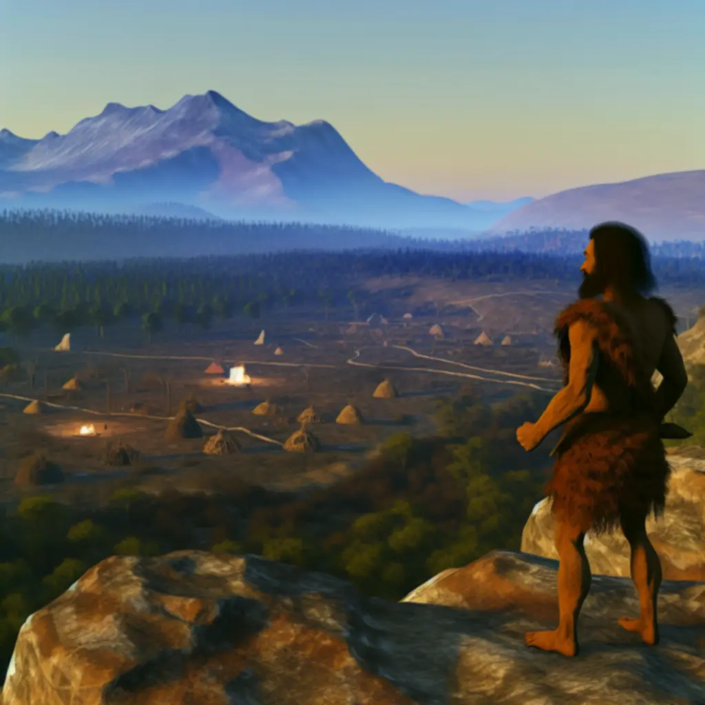 Bohater Stone Age na tle prehistorycznego krajobrazu symbolizującego rozwój postaci