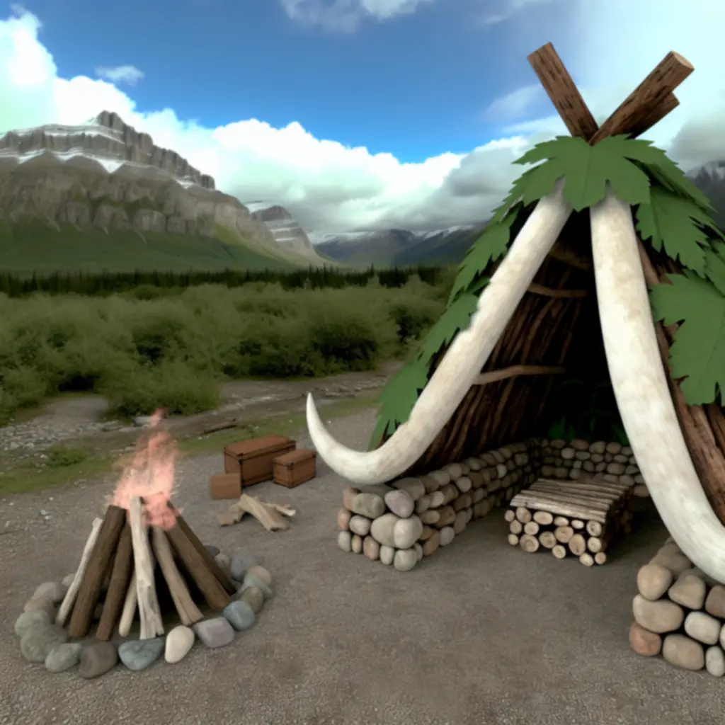 Proste schronienie z gałęzi i liści w Stone Age