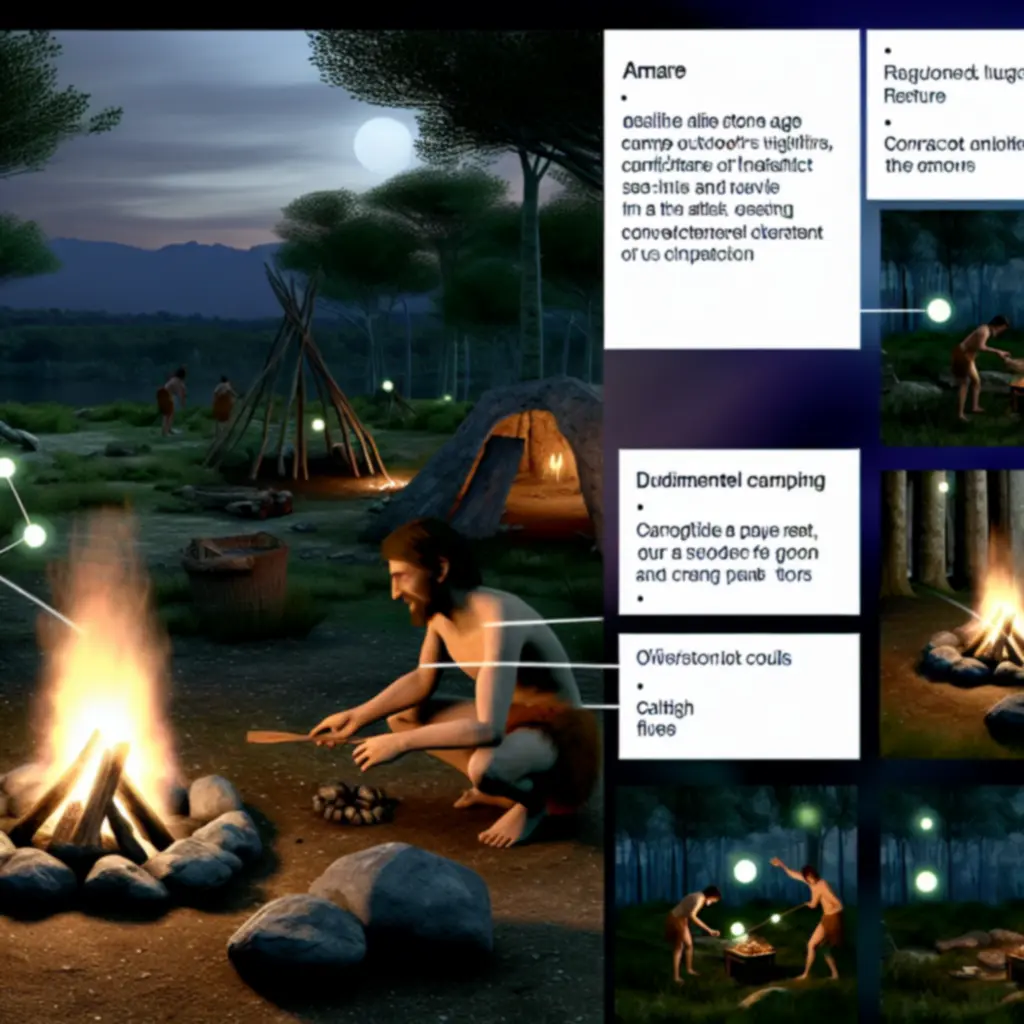 Obozowisko przetrwania w Stone Age – ognisko i prymitywne schronienia